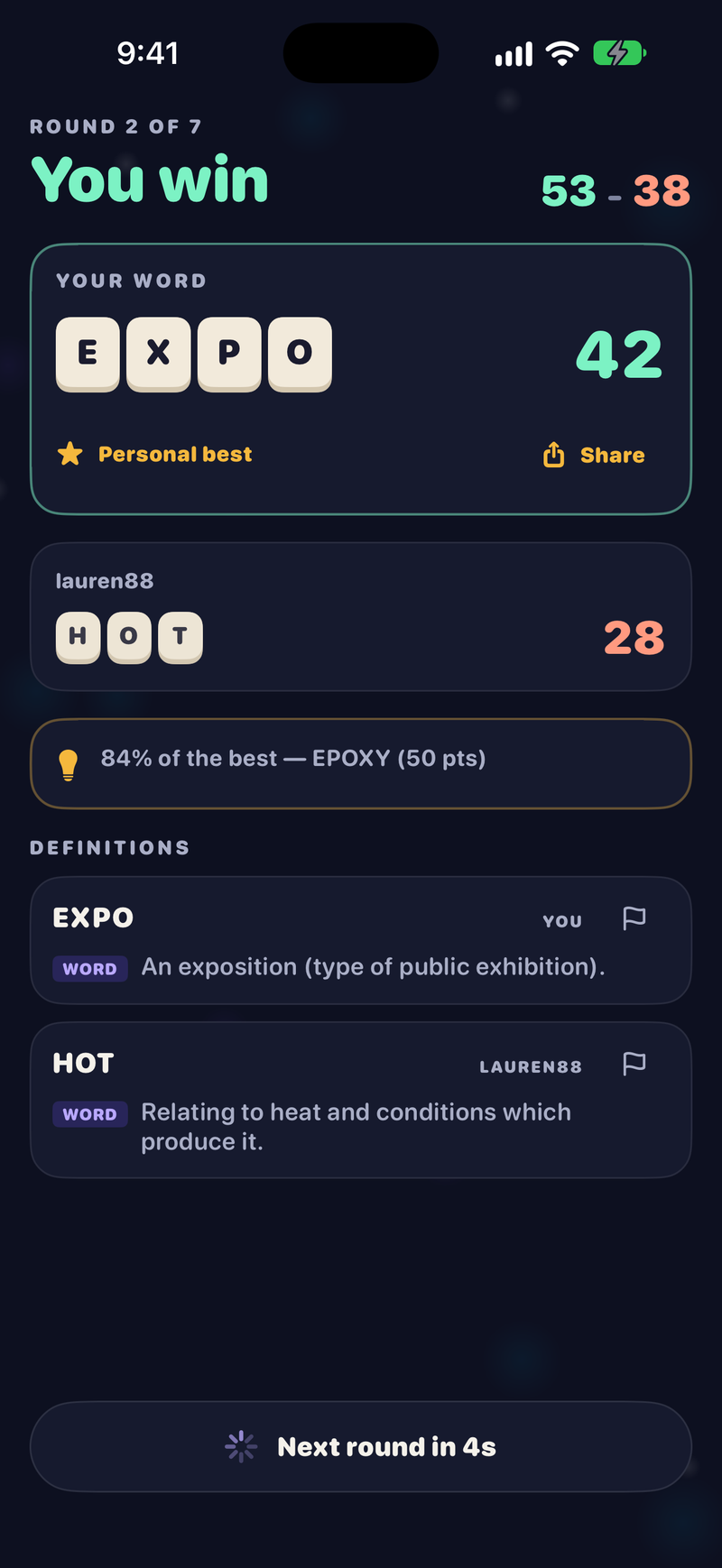 RackRush round result with a winning word